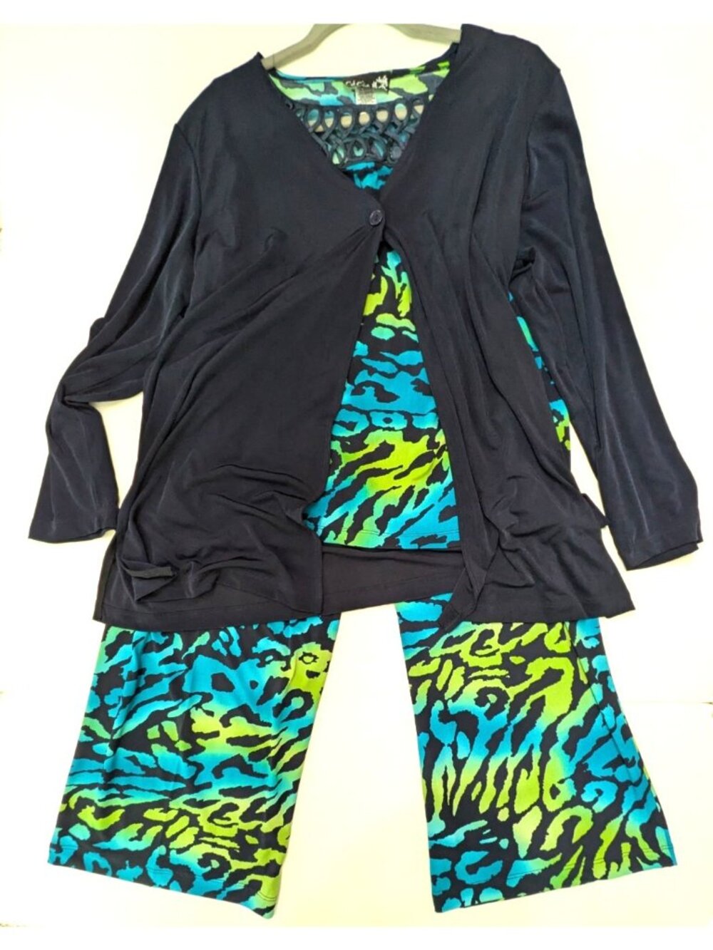 CSC Studio 3 Piece Set Navy Sz 1X Cardigan Blue Green Print Wide Leg Pants Tank